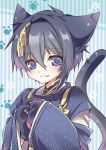  1boy animal_ears blue_eyes blue_hair cat_ears cat_paws cat_tail fang gloves hands_together japanese_clothes male_focus mikazuki_munechika paw_gloves paw_print paws sayagata smile tail takoyaki_kenken touken_ranbu 