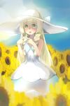  1girl albreo blonde_hair blush braid dress fingers_together flower green_eyes hat highres lillie_(pokemon) long_hair open_mouth pokemon pokemon_(game) pokemon_sm sleeveless sleeveless_dress solo sun_hat sunflower twin_braids white_dress white_hat 