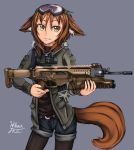  1girl animal_ears arx-160 assault_rifle denim denim_shorts goggles goggles_on_head gun highres pantyhose rifle shorts signature tail weapon 