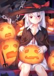  1girl bags_under_eyes cape chain fork halloween hat knife long_hair looking_at_viewer original otokuyou pumpkin red_eyes solo stitches white_hair witch_hat 