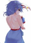  1girl animal_ears ass back bare_arms bare_back bare_shoulders blue_hair blue_skirt closed_mouth covering cowboy_shot ear_clip extra_ears frills from_behind hair_between_eyes holding holding_shirt looking_at_viewer looking_back profile rabbit_ears red_eyes revision see-through_silhouette seiran_(touhou) shirt_removed shoulder_blades simple_background skirt skirt_set solo sudako_(dai011305) topless touhou white_background 