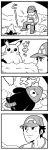  1boy 4koma :3 baseball_cap bkub campfire comic greyscale hat highres monochrome pikachu pokemon pokemon_(game) pokemon_sm raglan_sleeves red_(pokemon)_(sm) shirt simple_background t-shirt two-tone_background x_x 