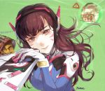  1girl artist_name bodysuit bracer breasts brown_eyes brown_hair bunny_print closed_mouth computer_mouse d.va_(overwatch) doritos explosion eyebrows eyebrows_visible_through_hair eyelashes eyeliner facepaint facial_mark frown_(wonderland85711) gloves gum hand_up headphones high_collar long_hair looking_at_viewer makeup mascara mecha medium_breasts meka_(overwatch) mousepad_(object) overwatch pauldrons pilot_suit pink_lips ribbed_bodysuit shoulder_pads solo upper_body whisker_markings white_gloves 