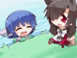  2girls animal_ears blue_hair blush_stickers brown_hair chibi closed_eyes dress drill_hair extra_ears fang frilled_sleeves frills grass hair_over_one_eye head_fins hemogurobin_a1c imaizumi_kagerou japanese_clothes juliet_sleeves kimono lake layered_dress long_hair long_sleeves mermaid monster_girl multiple_girls open_mouth partially_submerged pointy_ears puffy_sleeves red_eyes short_hair sitting sitting_on_object sleeves_past_wrists tail touhou tree_stump twin_drills wakasagihime water wolf_ears wolf_tail 