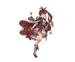  1girl boots bow bracelet brown_eyes brown_hair cape detached_sleeves dress frills full_body granblue_fantasy hair_ornament hand_on_hip jacket jewelry knee_boots looking_at_viewer microphone minaba_hideo open_mouth ribbon short_dress short_sleeves side_ponytail simple_background smile solo standing white_background 