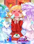  &gt;_&lt; /\/\/\ 3girls aki_shizuha alternate_costume autumn bikini blonde_hair blowing blue_dress blue_eyes blue_hair blue_ribbon blush bow breasts chamaruku cirno cleavage clenched_hands closed_eyes cold commentary condensation cup dress drinking_glass dx expressive_clothes hair_bow hair_ornament hand_on_another&#039;s_shoulder hat ice ice_wings indoors large_breasts leaf leaf_hair_ornament letty_whiterock maple_leaf medium_breasts midriff multiple_girls navel open_mouth pale_skin popsicle purple_hair red_dress ribbon short_hair sitting snow_bunny snowman steam sundress swimsuit tongue touhou underwear underwear_only violet_eyes wavy_hair wavy_mouth white_bikini wine_glass wings yuki_onna 
