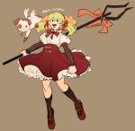  1girl brown_background character_name dog glasses_enthusiast green_hair highres humanization magical_girl mona_(nanalan&#039;) nanalan&#039; open_mouth petticoat polearm puffy_short_sleeves puffy_sleeves red_ribbon red_shoes ribbon russel_(nanalan&#039;) shoes short_sleeves simple_background smile socks spear twintails weapon wings 
