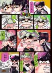  +_+ 2girls aori_(splatoon) bare_shoulders black_dress black_hair blush breast_grab breasts cleavage closed_eyes comic commentary_request detached_collar domino_mask dress earrings eye_contact eyebrows fangs food food_on_head full-face_blush gloves grabbing green_legwear hand_on_another&#039;s_face hands_on_another&#039;s_chest hat highres hotaru_(splatoon) jewelry long_hair looking_at_another mask mole mole_under_eye multiple_girls object_on_head one_eye_closed open_mouth pantyhose pointy_ears short_hair short_jumpsuit silver_hair splatoon strapless sweatdrop symbol-shaped_pupils tentacle_hair tentacles thick_eyebrows translation_request usa_(dai9c_carnival) vr_visor white_gloves yellow_eyes 