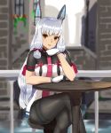  1girl bangs blunt_bangs blurry_background breasts chair crossed_legs eyebrows eyebrows_visible_through_hair gloves hand_on_own_chin headgear highres kantai_collection long_hair looking_at_viewer murakumo_(kantai_collection) necktie open_mouth pantyhose remodel_(kantai_collection) silver_hair sitting solo table taka_(vert_320) yellow_eyes 