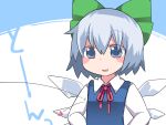  1girl :d blue_eyes blue_hair blush_stickers bow cirno clueless commentary_request dress_shirt flat_chest hair_bow hammer_(sunset_beach) hands_on_hips heart long_sleeves open_mouth shirt short_hair smile solo symbol_ricochet touhou translated upper_body wings 