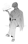  1boy closed_eyes earrings highres japanese_clothes jewelry jojo_no_kimyou_na_bouken kimono kiseru kishibe_rohan monochrome pipe sandals sitting solo tabi wuziky00 yukata 