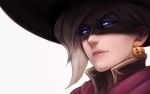  1girl alternate_costume blonde_hair blue_eyes brown_dress capelet closed_mouth dress earrings face glowing glowing_eyes halloween halloween_costume hat high_collar highres jack-o&#039;-lantern_earrings jewelry mercy_(overwatch) mhazaru nose overwatch pink_lips red_cape simple_background smile solo white_background witch witch_hat witch_mercy 