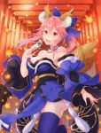  1girl animal_ears ass bell bell_collar blue_legwear breasts cleavage collar collarbone detached_sleeves fang fate/extra fate/grand_order fate_(series) fox_ears fox_tail hair_ribbon iincho_(airi8751) japanese_clothes large_breasts open_mouth pink_hair ribbon solo tail tamamo_(fate)_(all) tamamo_no_mae_(fate) yellow_eyes 