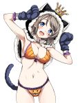  1girl animal_ears armpits ass_visible_through_thighs bikini blue_eyes blush breasts brown_hair cleavage commentary_request cowboy_shot crown facial_mark fake_animal_ears gloves head_tilt highres hood love_live! love_live!_sunshine!! medium_breasts mini_crown navel open_mouth paw_gloves paw_pose round_teeth rozen5 short_hair simple_background solo swimsuit tail teeth watanabe_you white_background 