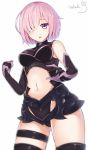  1girl armor armored_dress artist_name bare_shoulders breasts commentary_request elbow_gloves eyes_visible_through_hair fate/grand_order fate_(series) from_below gloves hair_over_one_eye highres large_breasts midriff navel purple_hair shielder_(fate/grand_order) short_hair signature simple_background sin-poi solo stomach violet_eyes white_background 