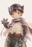  1boy artist_name brown_hair cape cyborg helmet looking_at_viewer made_in_abyss male_focus navel noeyebrow_(mauve) open_mouth regu_(made_in_abyss) shirtless short_hair solo yellow_eyes 