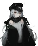  1girl :/ bare_shoulders black_jacket blue_hair blush brown_eyes closed_mouth eyebrows eyebrows_visible_through_hair g11_(girls_frontline) girls_frontline gyup91 hair_between_eyes hat head_tilt highres jacket long_hair open_clothes open_jacket shirt simple_background solo very_long_hair white_background white_shirt 