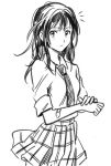  1girl bandaid black_hair coppelion long_hair looking_at_viewer miniskirt monochrome naruse_ibara necktie penki plaid plaid_skirt pleated_skirt sketch skirt sleeves_rolled_up solo striped striped_necktie white_background 