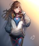  1girl acronym artist_name bangs bodysuit bracer breasts breasts_apart brown_eyes brown_hair bunny_print closed_mouth cowboy_shot d.va_(overwatch) eyelashes facepaint facial_mark gloves hand_in_pocket hand_up headphones headphones_around_neck high_collar hood hood_down hoodie long_hair long_sleeves looking_at_viewer overwatch pauldrons pilot_suit ribbed_bodysuit rod_(rod4817) shoulder_pads skin_tight small_breasts smile solo thigh_gap thigh_strap turtleneck upper_body whisker_markings white_gloves 