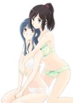  2girls black_hair blue_eyes blue_hair blush bra hibike!_euphonium hug hug_from_behind kasaki_nozomi kneeling long_hair looking_up mugi_t multiple_girls panties ponytail sitting sitting_on_floor stomach thighs underwear wariza white_background yoroizuka_mizore 