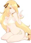  1girl bikini blonde_hair breasts chorimokki cleavage front-tie_top full_body hair_over_one_eye high_heels long_hair pointing pointing_up pokemon pokemon_(game) pokemon_dppt shirona_(pokemon) side-tie_bikini sitting smile solo swimsuit white_background yellow_eyes 