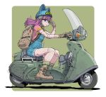  1girl android animal_hat ankle_boots backpack bag blue_eyes boots dr._slump flat_color glasses gloves ground_vehicle hat helmet long_hair looking_at_viewer motor_vehicle norimaki_arale open_mouth overalls pink_hair riding robot_joints scooter solo sukabu wind 