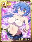  &gt;:) 1girl amasaki_ryouko bandeau bare_shoulders black_legwear blue_eyes blue_hair breasts card card_(medium) character_name closed_mouth commentary_request cracklecradle fang highres knife large_breasts long_hair looking_at_viewer midriff navel ponytail shimane_no_norainu shorts smile solo strapless thigh-highs trading_card tubetop 