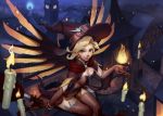  1girl alternate_costume blonde_hair blue_eyes broom broom_riding candle fire flame floating hat highres looking_at_viewer mechanical_wings mercy_(overwatch) midair overwatch smile solo wings witch witch_hat witch_mercy yume_ou 