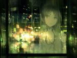  1girl against_glass alt_(apou) black_eyes black_hair building city city_lights dark hand_up looking_out_window night original rain road solo street window 