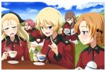  5girls alternate_color assam bangs blonde_hair blue_eyes blush book boots braid brown_eyes brown_hair check_commentary clouds cloudy_sky commentary commentary_request cup darjeeling girls_und_panzer hair_over_shoulder hair_ribbon holding holding_book jacket long_hair long_sleeves looking_at_another looking_at_viewer micesakenomitai military military_uniform miniskirt multiple_girls open_mouth orange_hair orange_pekoe parted_bangs parted_lips pleated_skirt red_jacket redhead ribbon rolling_eyes rosehip rukuriri running saucer short_hair single_braid sitting skirt sky smile standing steam table teacup uniform 