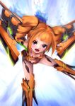  1girl absurdres artist_request blue_eyes blush breasts drill_hair glowing glowing_wings highres idolmaster jetpack mecha_musume open_mouth orange_hair small_breasts solo tagme takatsuki_yayoi thighs twintails wings 