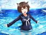  1girl ;d ahoge animal_ears blush brave_witches breasts brown_eyes brown_hair closed_eyes clouds cloudy_sky commentary_request day hair_ornament hairclip happy karibuchi_hikari long_sleeves namiha1ka1 ocean one_eye_closed open_mouth outdoors partially_submerged ribbon school_uniform serafuku short_hair sky smile solo squirrel_ears uniform wading water water_drop waves wet wet_clothes wet_hair white_ribbon world_witches_series 