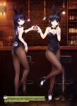  2016 2girls absurdres animal_ears aoyama_sumika arm_at_side ass bar bar_stool bare_arms bare_shoulders black_bow black_bowtie black_hair black_leotard black_shoes bottle bow bowtie breasts brick_wall brown_eyes bunny_tail cleavage closed_mouth coffee-kizoku collarbone counter crescent detached_collar eyebrows eyebrows_visible_through_hair fake_animal_ears fake_tail finger_to_cheek fishnet_pantyhose fishnets flower from_behind full_body hairband head_tilt heart heart_hands heart_hands_duo high_heels highres indoors leotard light long_hair looking_at_viewer looking_back medium_breasts multiple_girls original pantyhose plant purple_hair red_flower shelf shiramine_rika shoes short_hair small_breasts smile standing standing_on_one_leg star stool strapless strapless_leotard tail tile_floor tiles translation_request vase violet_eyes wrist_cuffs 