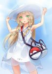  1girl armpits arms_up bag blonde_hair braid doonatsu. dress duffel_bag green_eyes hat highres lillie_(pokemon) long_hair open_mouth pokemon pokemon_(game) pokemon_sm see-through sleeveless sleeveless_dress solo sun_hat twin_braids white_dress white_hat 