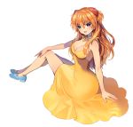  1girl :d bare_shoulders blue_eyes breasts choker cleavage dress ells eyebrows eyebrows_visible_through_hair legs long_hair looking_at_viewer medium_breasts neon_genesis_evangelion open_mouth orange_hair simple_background sitting sleeveless smile souryuu_asuka_langley white_background yellow_dress 