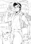  1boy backpack bag bus clefairy gloves greyscale ground_vehicle highres hood hoodie house male_focus male_protagonist_(pokemon_go) monochrome motor_vehicle pokemon pokemon_(creature) pokemon_go road saitoukuniko-3 short_hair smile squirtle street v visor_cap 