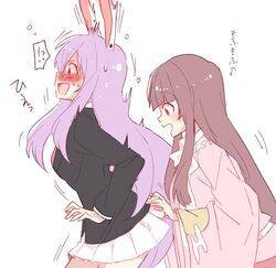  !? 2girls animal_ears black_hair blazer blush grabbing hime_cut houraisan_kaguya jacket japanese_clothes long_hair multiple_girls necktie purple_hair rabbit_ears reisen_udongein_inaba ribbon six_(fnrptal1010) skirt surprised tail tail_grab touhou very_long_hair white_background white_skirt wide_sleeves 