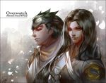  2boys armi artist_name asymmetrical_clothes brothers brown_eyes brown_hair closed_mouth forehead_protector furrowed_eyebrows genji_(overwatch) green_eyes green_hair hanzo_(overwatch) japanese_clothes kimono long_hair long_sleeves looking_at_viewer looking_away male_focus multiple_boys nose overwatch scarf short_hair siblings signature smile spiky_hair upper_body younger 