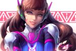  1girl 2016 :d artist_name bangs bodysuit breasts brown_eyes brown_hair bunny_print d.va_(overwatch) dated eyelashes facepaint facial_mark grin headphones high_collar lipstick long_hair looking_at_viewer makeup mr_h.l. nose open_mouth overwatch pauldrons pilot_suit pink_lips pink_lipstick ribbed_bodysuit shoulder_pads smile solo whisker_markings 