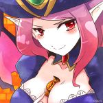  1girl alternate_costume alternate_hair_color artist_name between_breasts blush breasts candy cleavage commentary hat heart large_breasts league_of_legends long_hair morgana naughty_face pink_hair pointy_ears red_eyes smile solo stchi.wong watermark witch_hat 