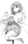  1girl bouncing_breasts breasts commentary_request greyscale hair_ornament hairclip heart_hair_ornament huge_breasts jumping labcoat legs midair monochrome narusawa_ryouka occultic;nine school_uniform short_hair simple_background skirt soba_(saz) solo thigh-highs thighs white_background 