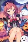  1girl bat bracelet center_opening commentary_request couch demon_horns demon_tail demon_wings detached_collar fake_horns ghost hairband half-closed_eyes halloween handkerchief hat highres horns jack-o&#039;-lantern jacket jewelry kalian knees_together looking_down love_live! love_live!_school_idol_project macaron moon nail_polish necktie nishikino_maki pink_nails pink_necktie redhead sitting skirt solo stuffed_animal stuffed_bunny stuffed_cat stuffed_toy tail violet_eyes wavy_mouth wings witch_hat wristband 