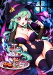  1girl bat_wings black_legwear breasts cake candy eyes fang food fork full_moon ghost green_hair halloween hamburger hat highres horns jack-o&#039;-lantern large_breasts long_hair moon navel night night_sky open_mouth original pointy_ears pumpkin rewolf sky solo star star-shaped_pupils symbol-shaped_pupils tattoo thigh-highs violet_eyes wings witch_hat 
