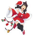 1girl animal_ears artist_request bell boots braid cat_ears cat_tail character_request christmas christmas_stocking full_body fur_trim hat highres long_hair multiple_tails nekomata_(youkai_hyakki-tan!) official_art open_mouth santa_costume santa_hat simple_background solo tail tattoo thigh-highs white_background yellow_eyes youkai_hyakki-tan! 