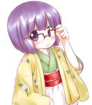  1girl adjusting_glasses glasses hieda_no_akyuu highres japanese_clothes kimono obi purple_hair sash short_hair smile solo touhou uho_(uhoyoshi-o) violet_eyes 