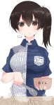  1girl absurdres alternate_costume breasts brown_eyes brown_hair character_name drooling employee_uniform food hair_between_eyes highres kaga_(kantai_collection) kantai_collection large_breasts lawson looking_down nao_(qqqbb) oden saliva side_ponytail solo striped translated uniform upper_body 