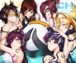  2016 6+girls alternate_breast_size arm_tattoo artist_name bangs bare_shoulders beads black-framed_eyewear blonde_hair blue_eyes breasts brown_eyes brown_gloves brown_hair camisole closed_mouth collarbone copyright_name d.va_(overwatch) dated ear_piercing emblem eye_of_horus eyebrows eyebrows_visible_through_hair eyelashes facepaint facial_mark facial_tattoo fingerless_gloves fingernails gloves goggles hair_bun hair_ornament hair_stick hair_tie hair_tubes hand_on_another&#039;s_head hand_on_own_cheek hand_on_own_chin hand_to_own_mouth hand_up head_mounted_display headgear headphones high_ponytail large_breasts lips logo long_fingernails long_hair looking_at_viewer maria2904 mechanical_halo medium_breasts mei_(overwatch) mercy_(overwatch) multiple_girls nail_polish one_eye_closed open_mouth overwatch parted_lips pharah_(overwatch) piercing pink_lips pink_nails pinky_out ponytail purple_hair short_hair sideboob sidelocks signature smile snowflake_hair_ornament spiky_hair strap_slip swept_bangs tattoo teeth tracer_(overwatch) turtleneck upper_body visor watermark web_address whisker_markings widowmaker_(overwatch) yellow_eyes 