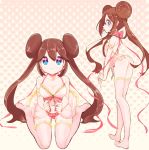  1girl blue_eyes bow bra brown_hair candy chorimokki double_bun heart heart_background lollipop long_hair looking_at_viewer mei_(pokemon) mouth_hold pink pink_bow pink_legwear pokemon pokemon_(game) pokemon_bw2 see-through smile thigh-highs twintails underwear very_long_hair 