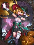 1girl ;d absurdres bare_shoulders black_skirt blonde_hair breasts cellphone cleavage ghost gloves green_eyes hacka_doll hacka_doll_1 halloween halloween_costume hat highres jack-o&#039;-lantern looking_at_viewer medium_breasts one_eye_closed open_mouth phone pumpkin short_hair skirt smile solo thigh-highs twintails v white_gloves white_legwear witch_hat 