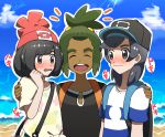  1girl 2boys arm_around_shoulder backpack bag baseball_cap beach beanie black_hair blush closed_eyes dark_skin dark_skinned_male female_protagonist_(pokemon_sm) floral_print green_hair grey_eyes hat hau_(pokemon) kuruto. male_protagonist_(pokemon_sm) messenger_bag multiple_boys ocean open_mouth pokemon pokemon_(game) pokemon_sm sandwiched shirt short_hair shoulder_bag signature smile striped striped_shirt t-shirt tied_shirt topknot upper_body 